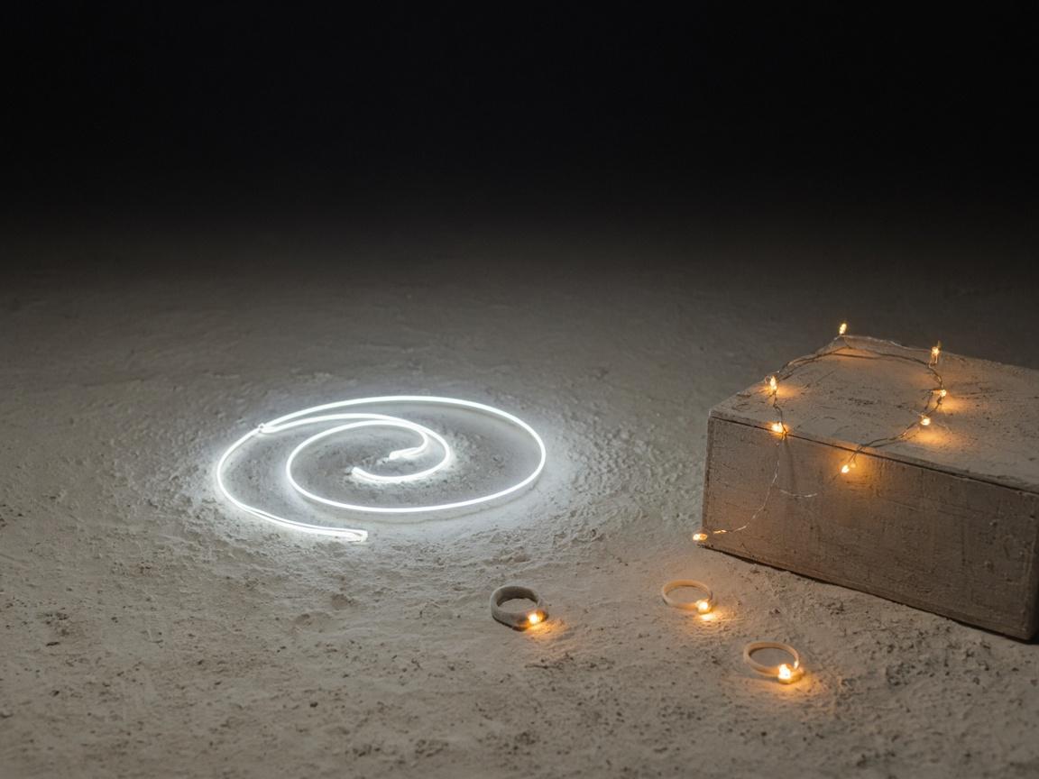 EL wire, clip lights, and a warm lantern glowing on dusty crates at night.