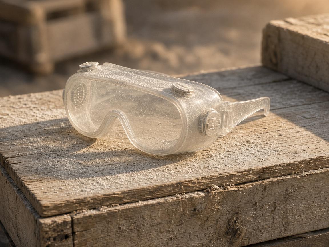 Dusty splash goggles with capped vents on a wooden crate.