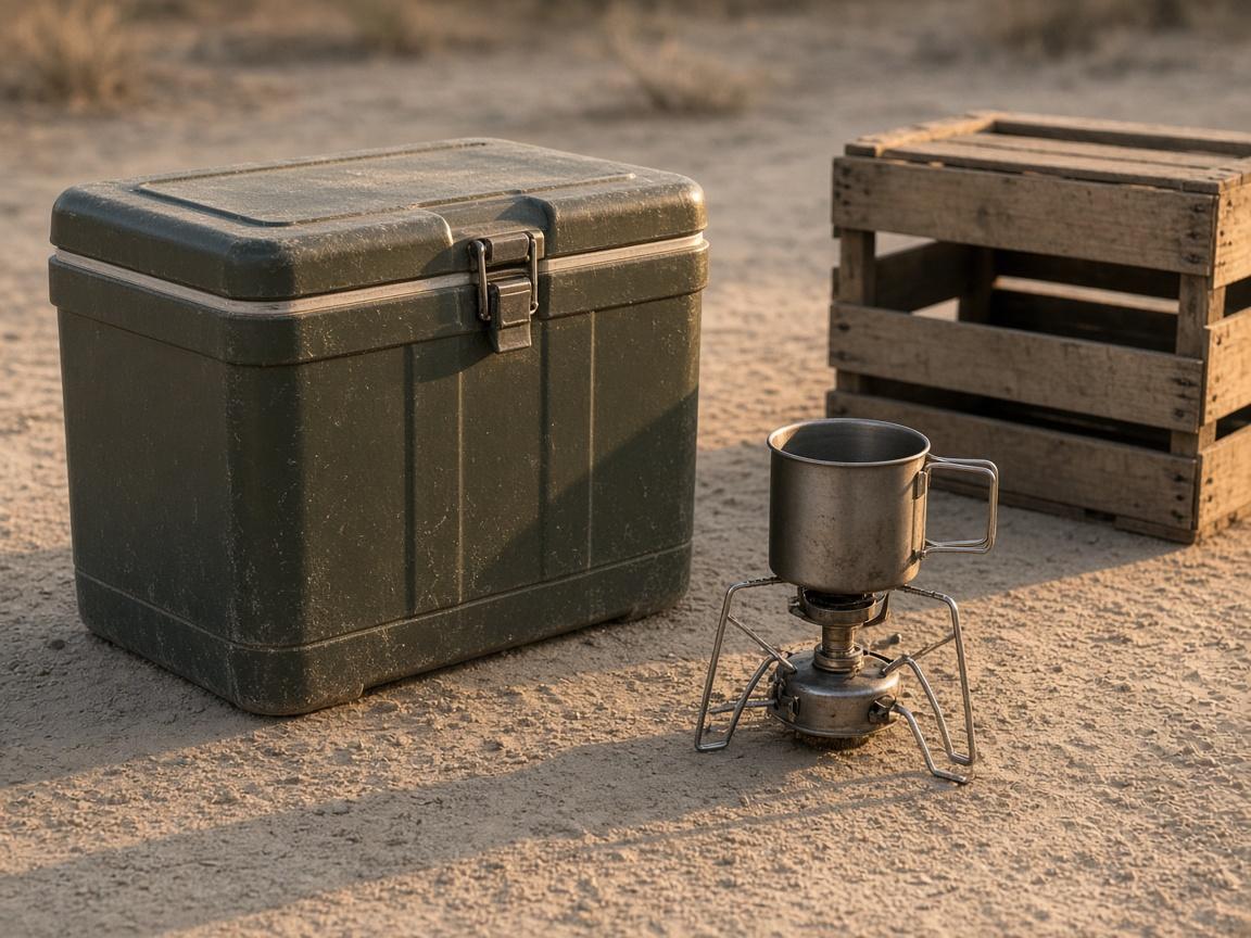 A compact camp stove beside a hard cooler.