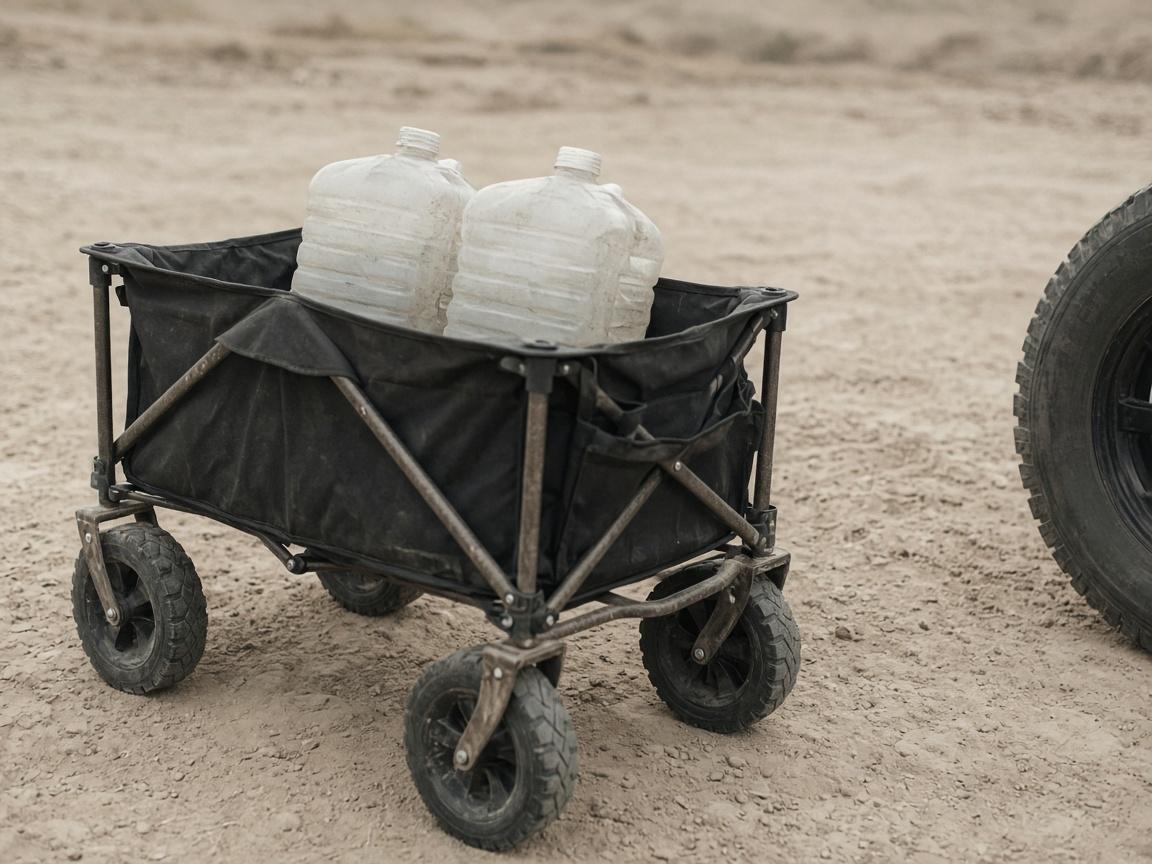 A dusty folding wagon loaded with water jugs.