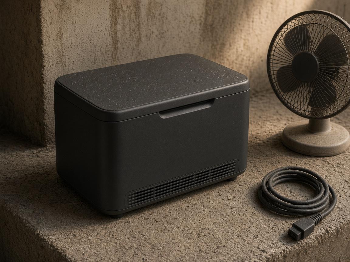 A small power station and a fan sitting in the shade.