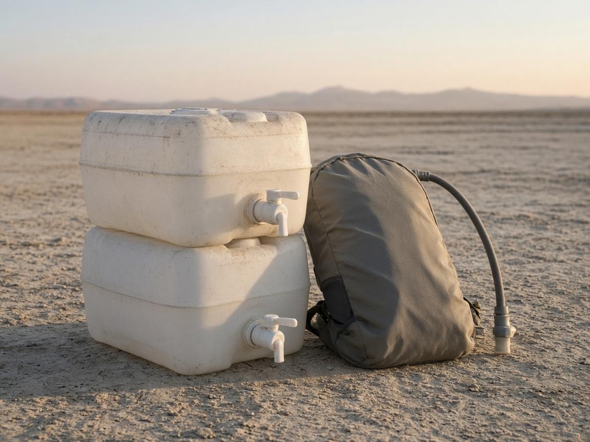 Stacked water jugs and a hydration pack in camp shade.